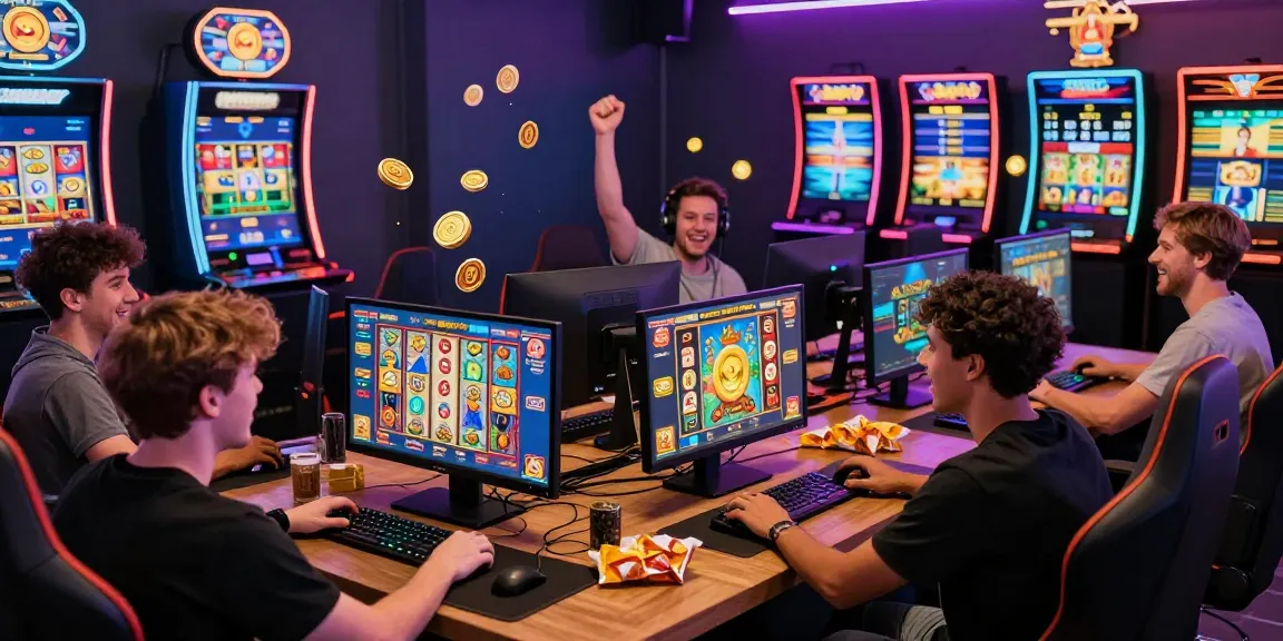 Players enjoying an online slot game at a slot depo 1000 site, celebrating wins surrounded by vibrant graphics and excitement.