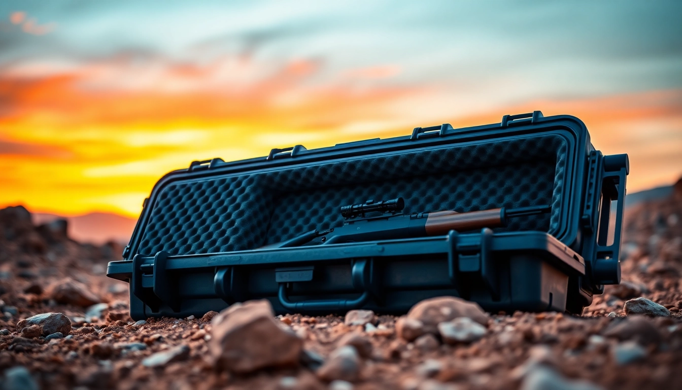 Showcase the durable pelican rifle case open in a rugged outdoor setting, emphasizing its design.