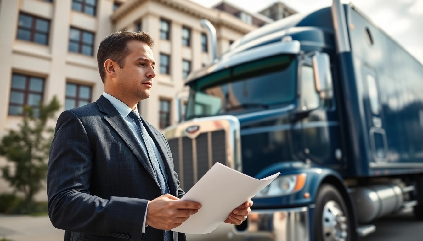 Clearwater truck accident attorney discussing legal options with a client by a commercial truck.