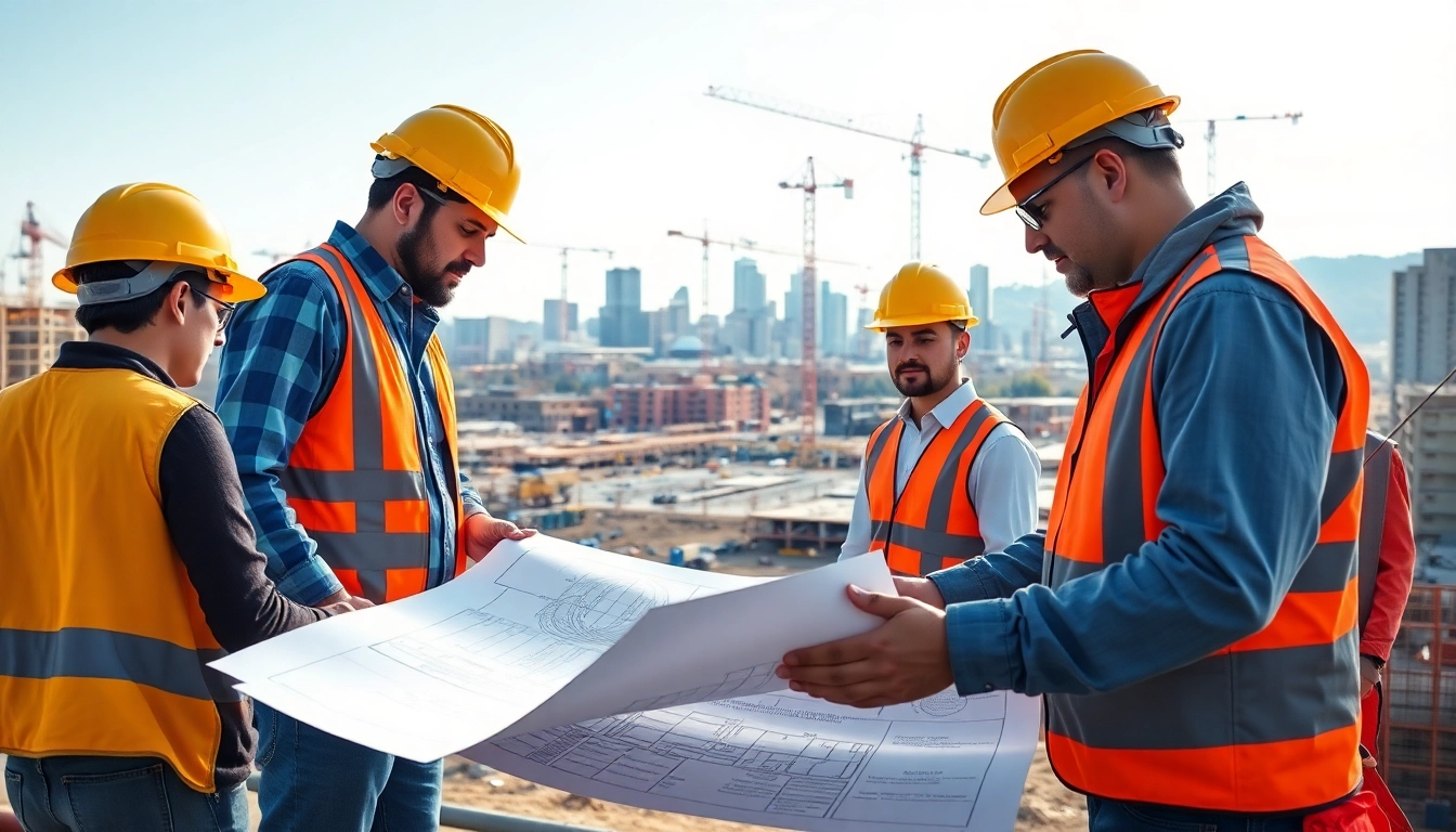 Construction workers discussing colorado construction news at an active site in Colorado.