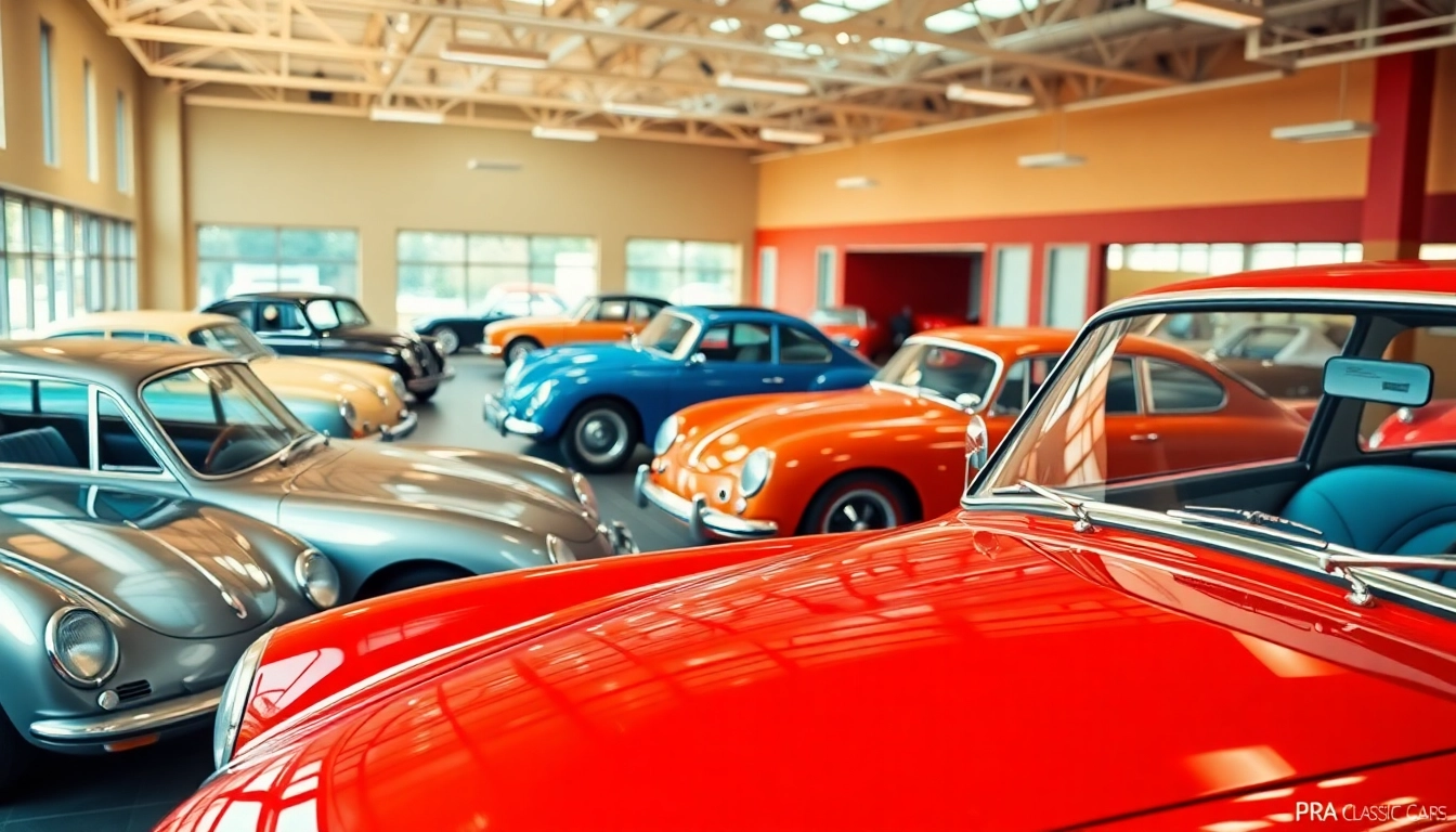 Admire the exquisite collection of PRA Classic Cars showcased in a vibrant showroom.