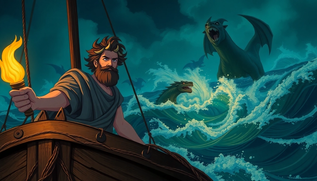 Visual representation of odyssey meaning origin, showcasing Odysseus's epic journey at sea.