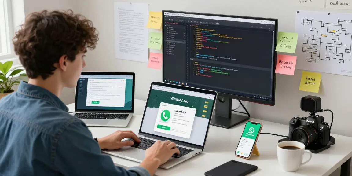 Dynamic workspace featuring a young developer downloading WhatsApp下載 app on multiple devices, showcasing innovation and productivity.