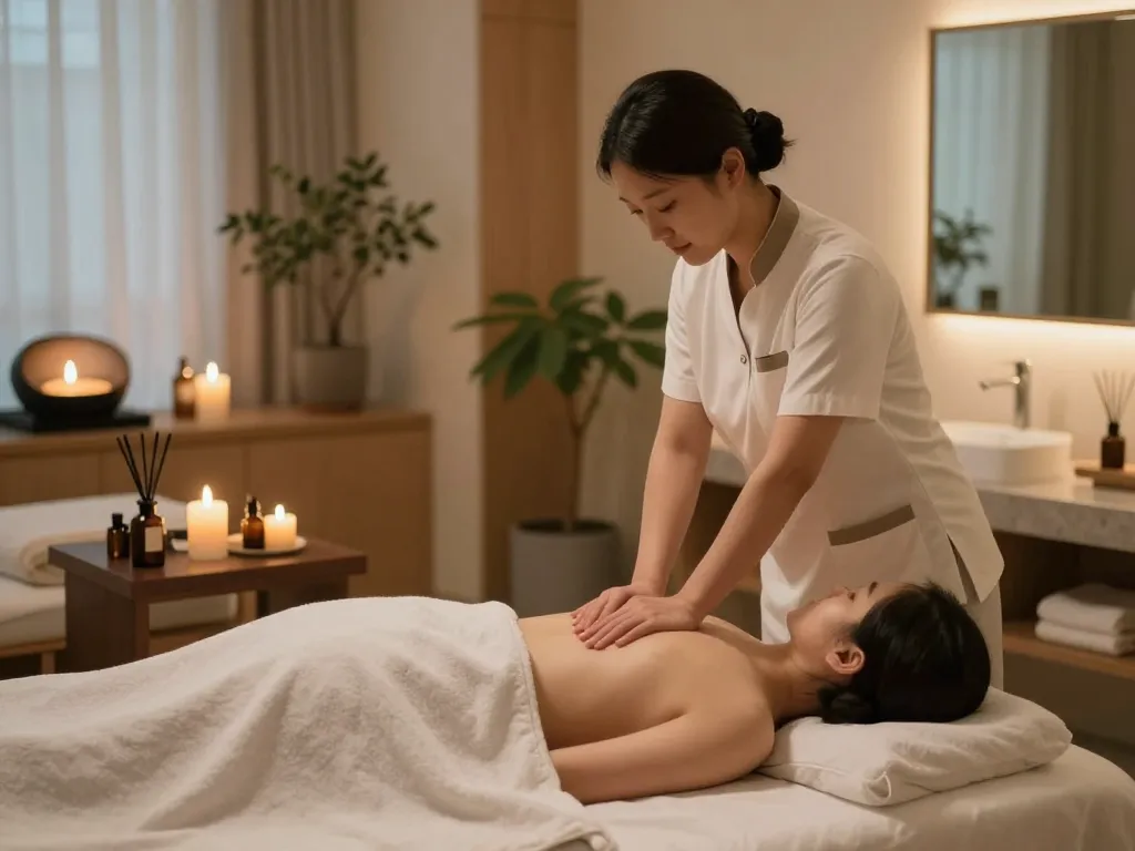 Relaxing 역삼동마사지 scene with therapist performing Swedish massage in a serene spa environment.