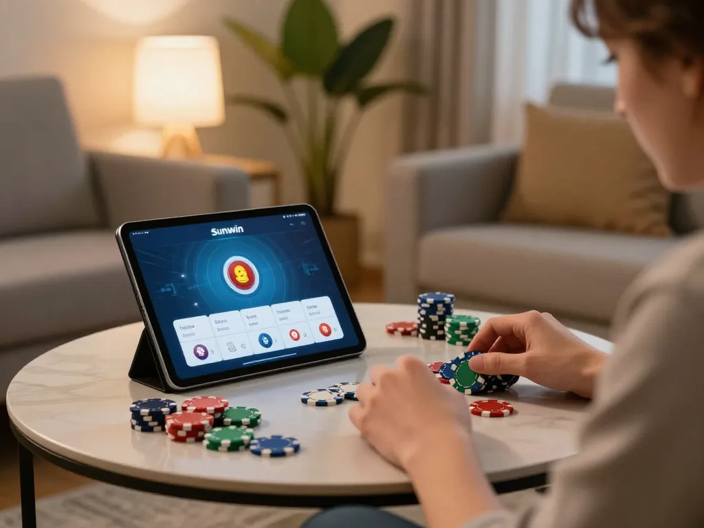 TẢI SUNWIN app on a tablet for online gambling with vibrant poker chips around.