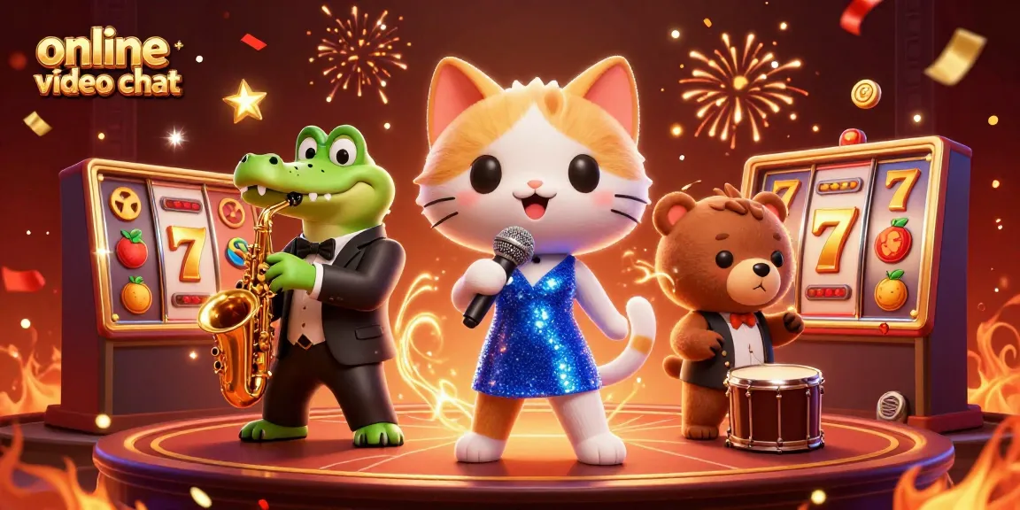 Engage in online video chat bliss amidst a vibrant casino scene featuring animated characters and playful symbols.