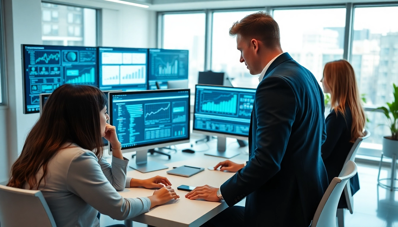 Utilizing AI for competitive intelligence in a collaborative team setting with data analytics screens.