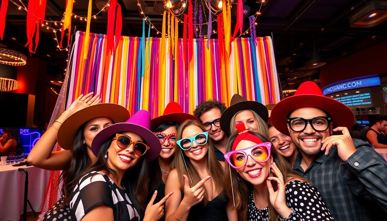 Guests enjoying a photo booth chicago experience with colorful props and decorations.