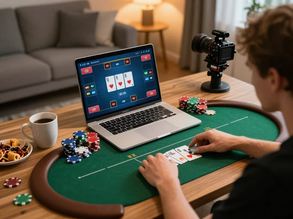 Active player engaged in poker game on their laptop with Manclub interface highlighted, enjoying home gambling experience