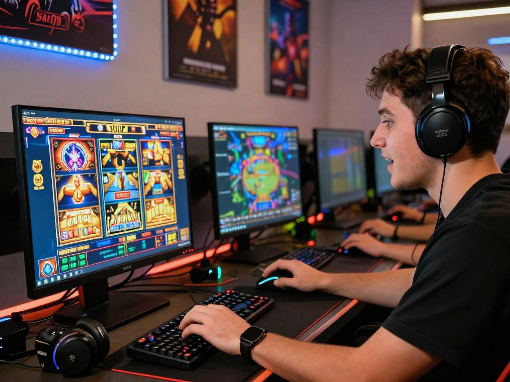 Pemain berbagi pengalaman menarik bermain slot online di CR777 dengan grafis permainan yang cerah dan aksesori gaming di sekitarnya.