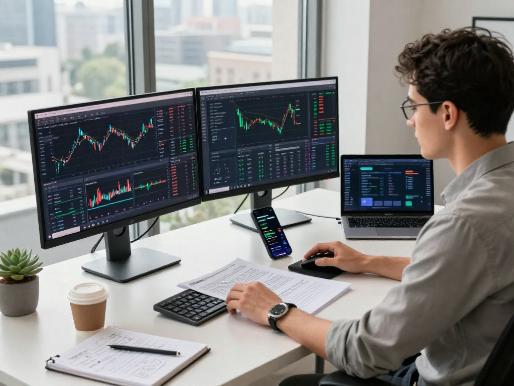Developer utilizing Taiwan weighted index API at a modern workstation, showcasing real-time market data analysis.