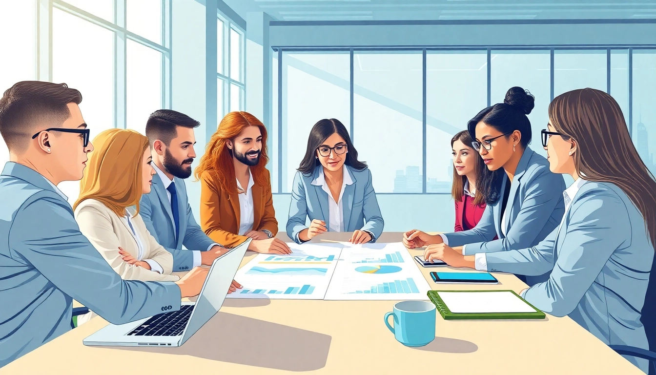Engaging scene of business growth insights discussion among executives in a bright office.