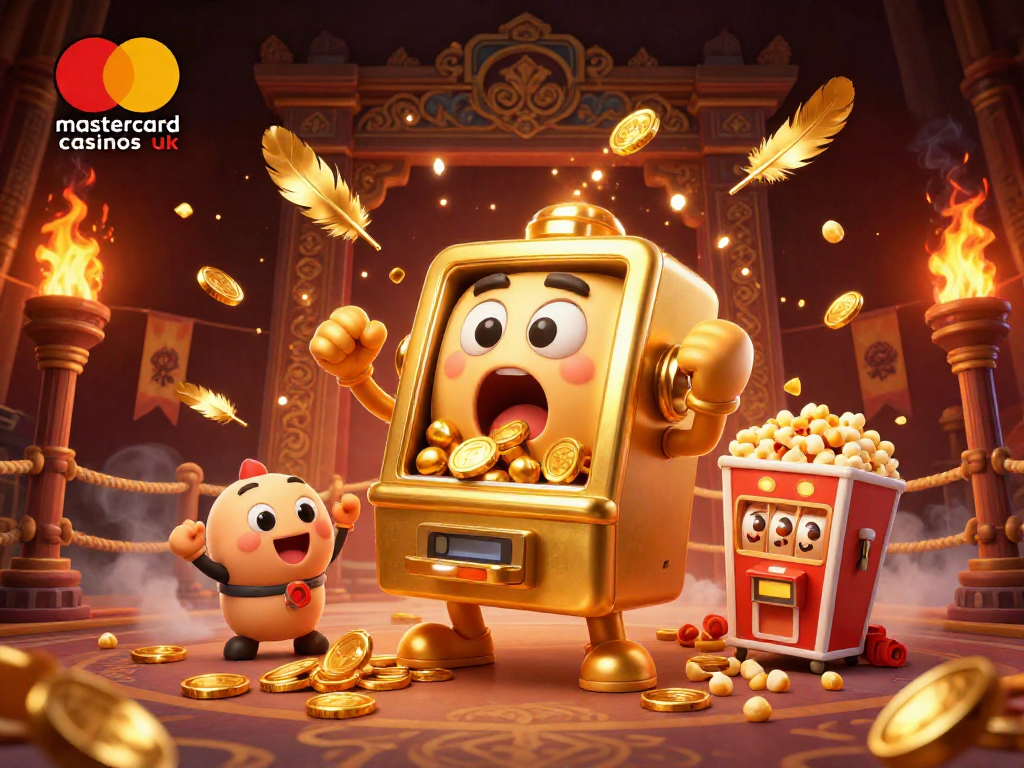 A shocked slot machine celebrates a jackpot win at mastercard casinos uk, surrounded by cheering machines and golden coins.