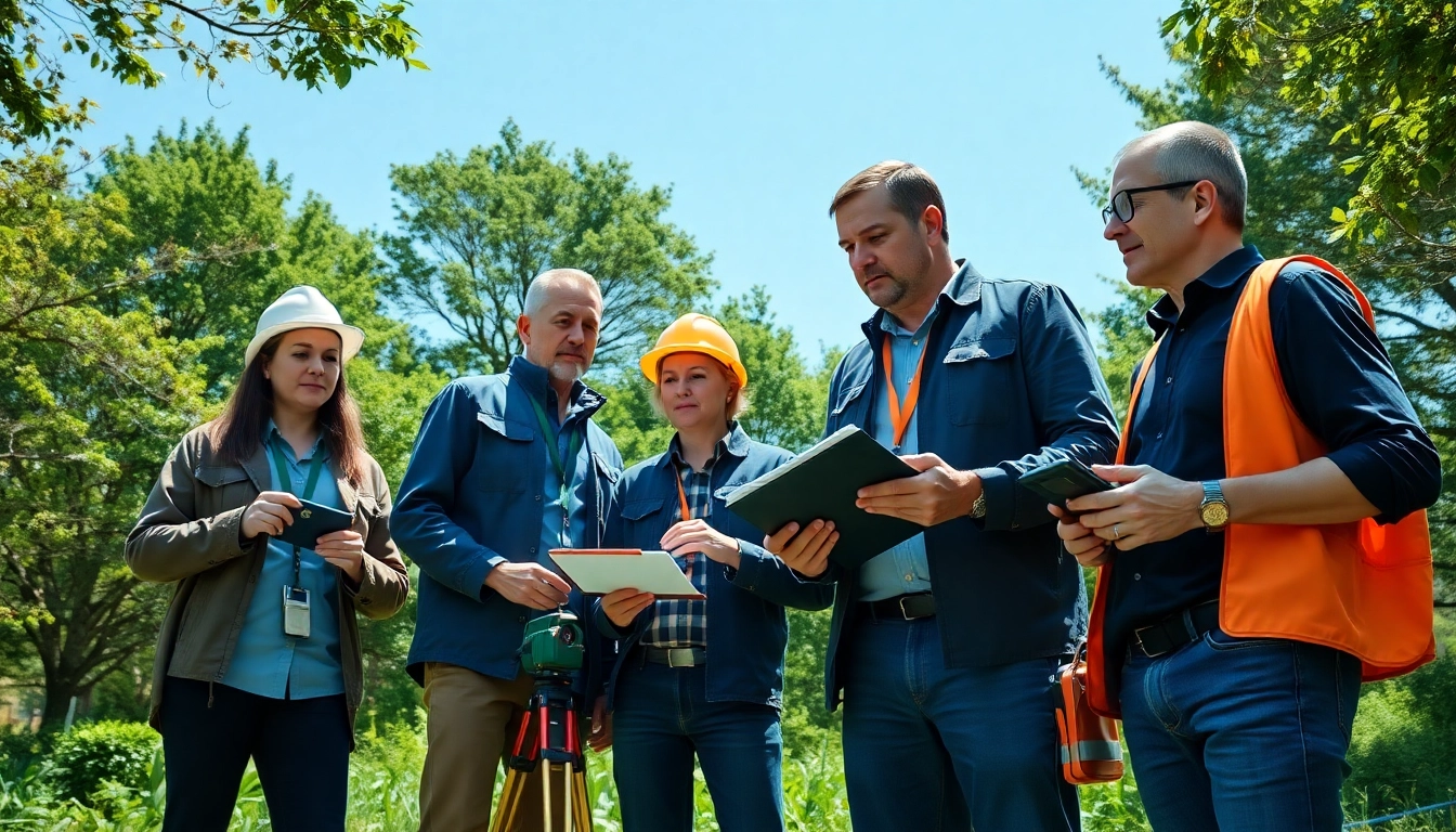 CYB Environmental team assessing a lush site with advanced tools in a sunny outdoor setting.
