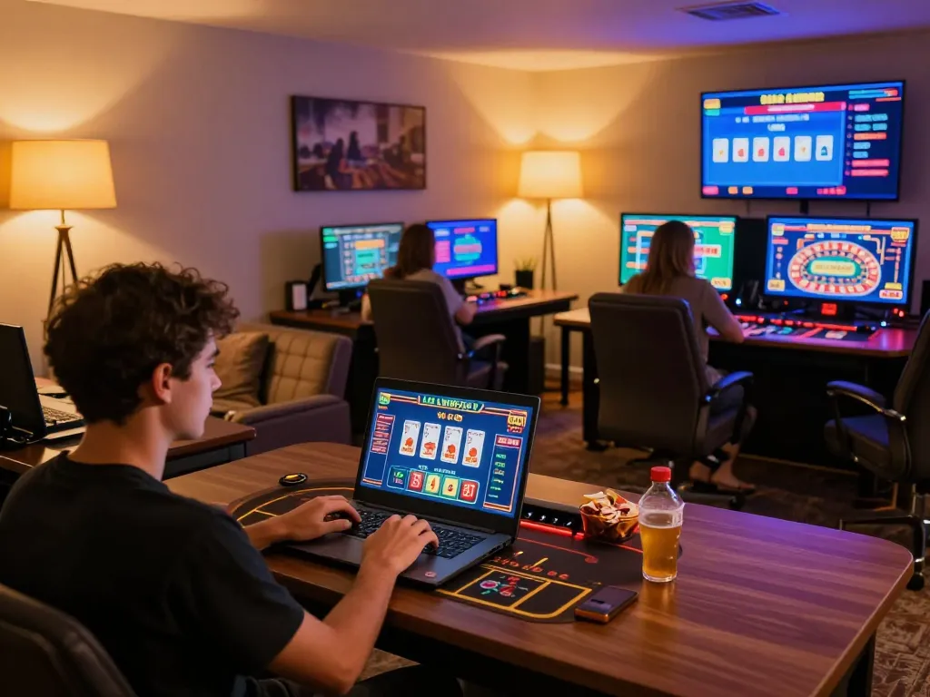 Player enjoying a live w 88 casino game on a laptop in a cozy home setting.