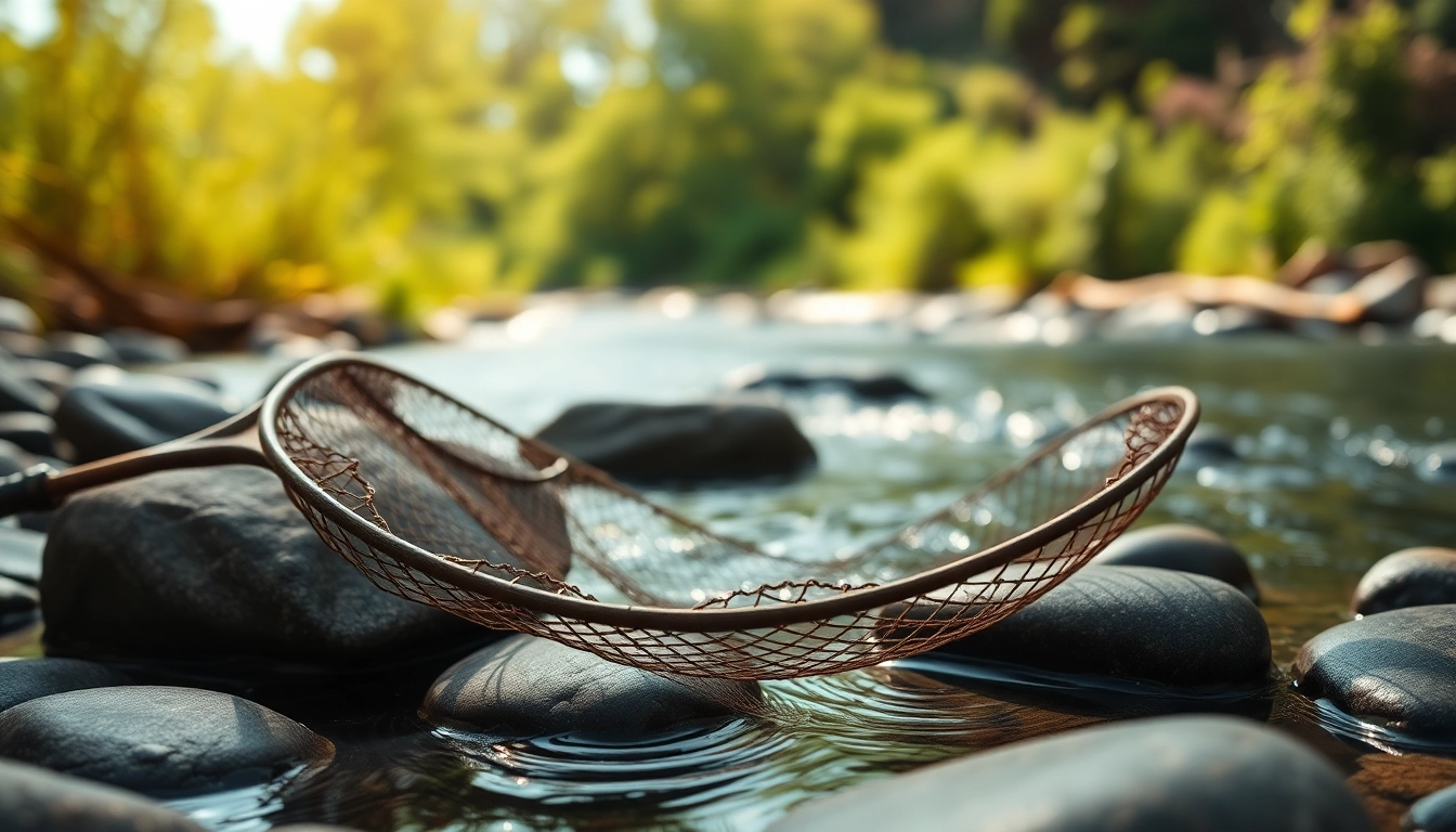 Captivating fly fishing net displayed by a tranquil river, highlighting its craftsmanship in a natural setting.