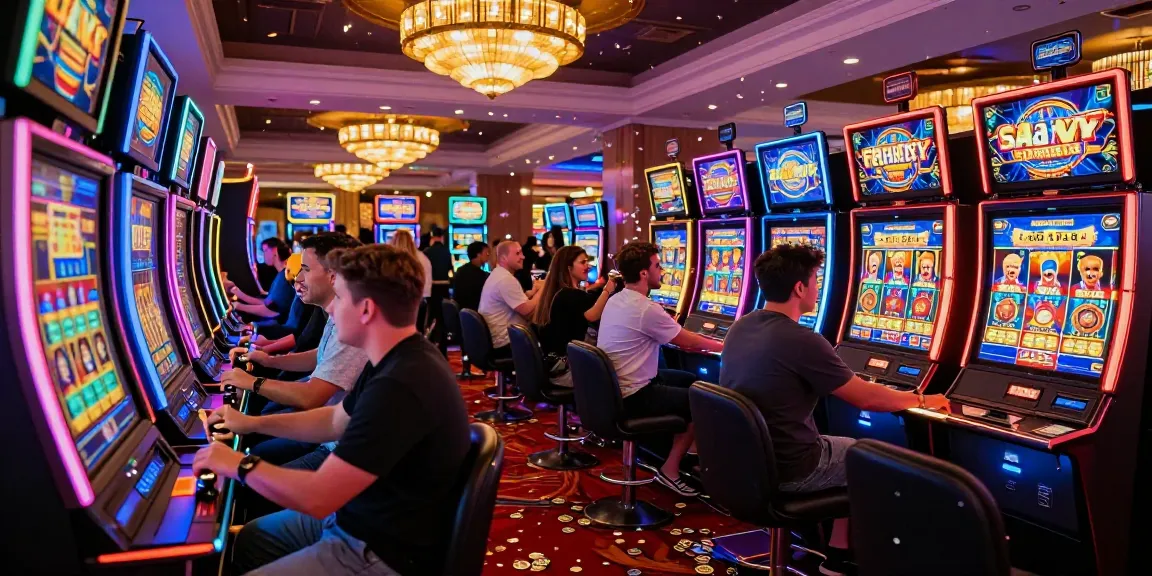 Players enjoying thrilling slot machines on a vibrant casino floor at night.