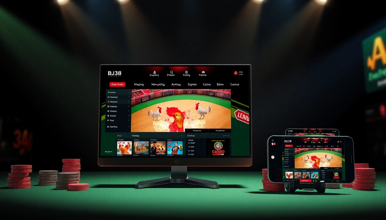 BJ38 online betting platform with vibrant 3D graphics showcasing cockfighting and casino games.