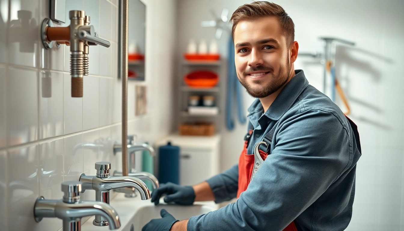 Find a skilled plumber near me fixing a sink in a bright, modern bathroom.