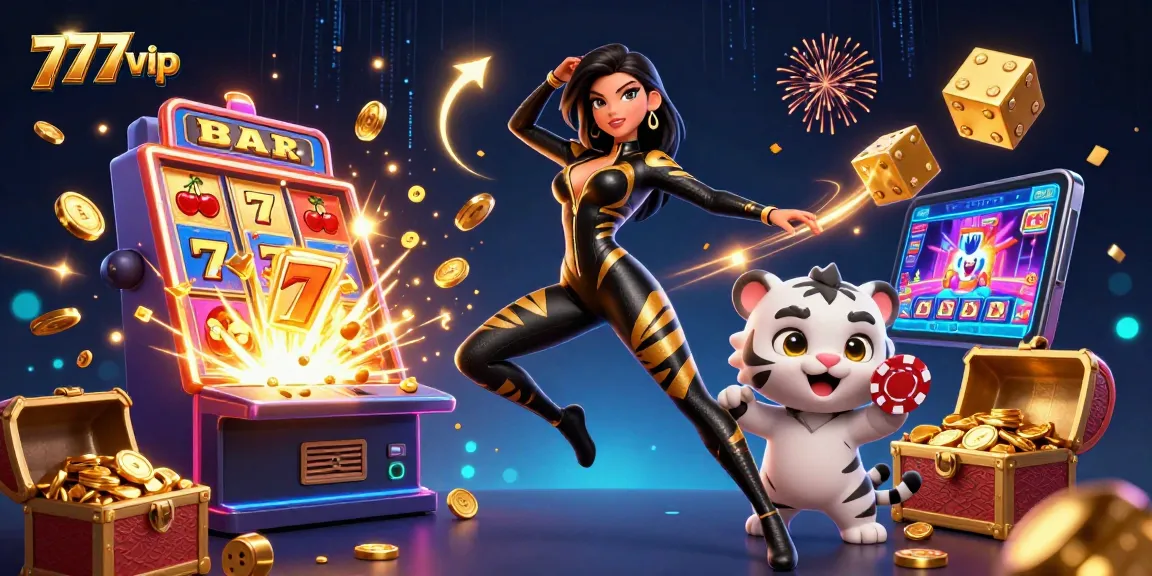 Engage in thrilling games with 777vip, featuring an acrobatic woman and playful tiger in a vibrant casino scene.