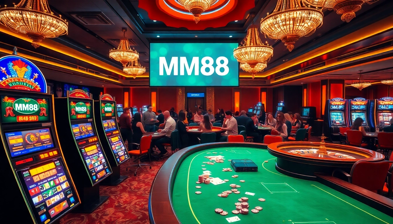 Experience the excitement of MM88 at a luxurious casino with vibrant games and lively crowds.
