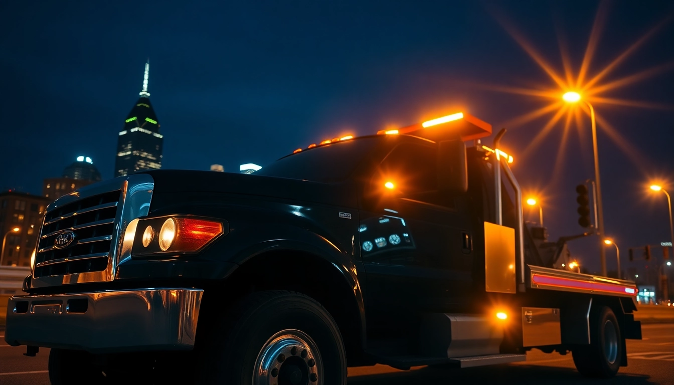 24 hour tow truck Nashville ready for service against a vibrant night skyline.