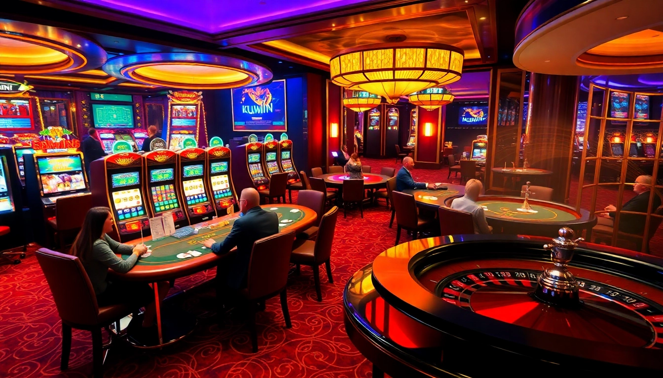 Kuwin2 casino scene featuring thrilled players at poker tables and spinning slot machines.