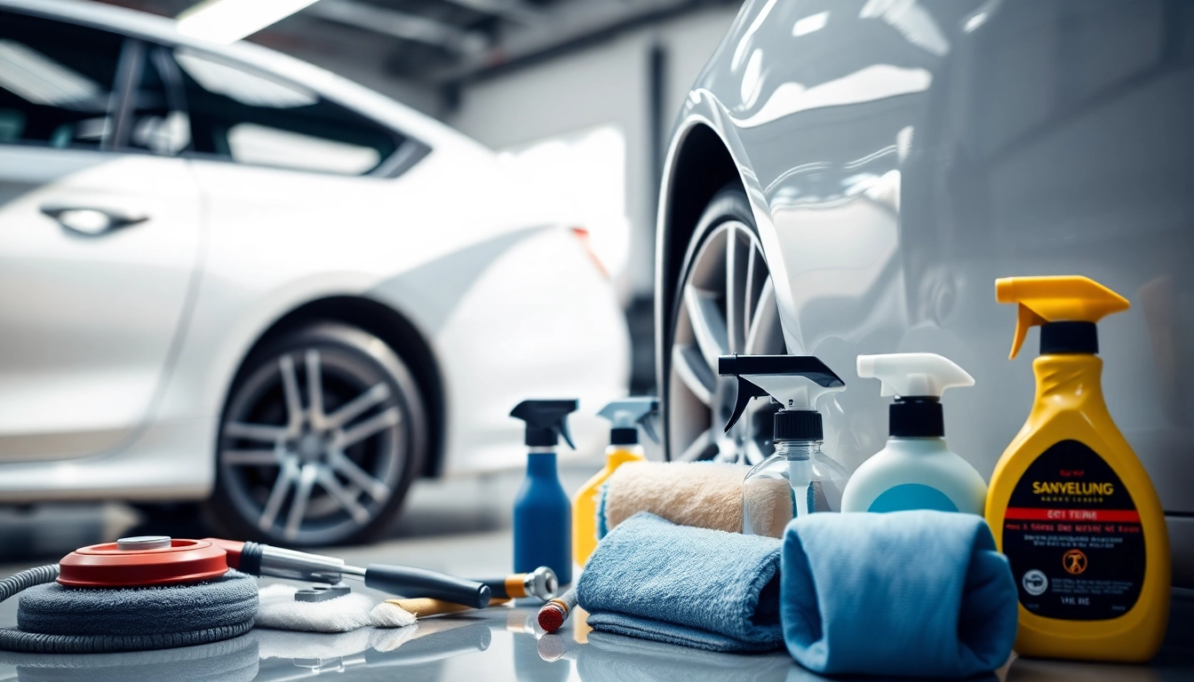 Experience the best car detailing Chattanooga TN, showcasing a pristine car with professional tools in a bright garage.