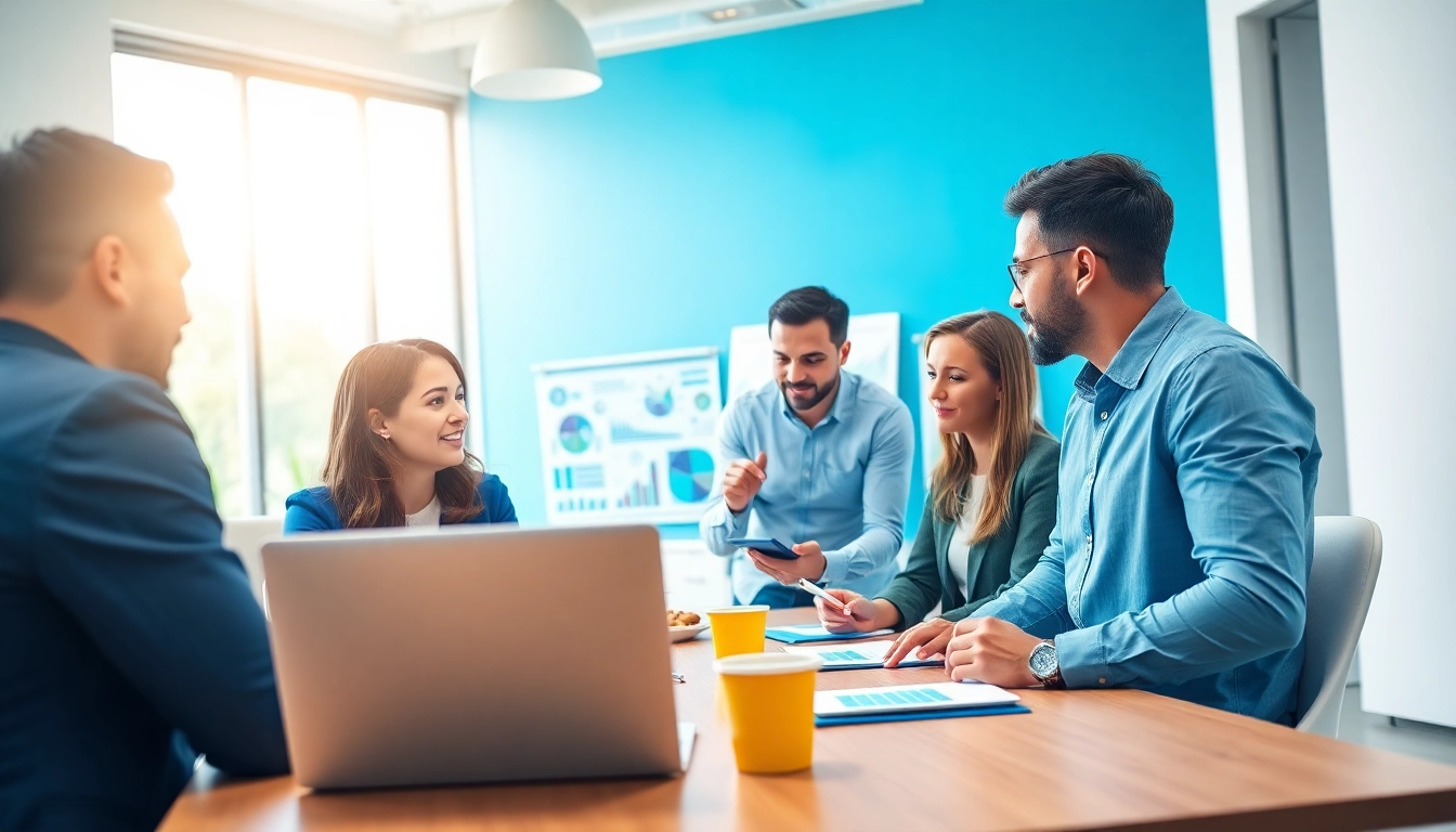 Engaging teamwork of social media marketing companies edmonton strategizing in a modern office.