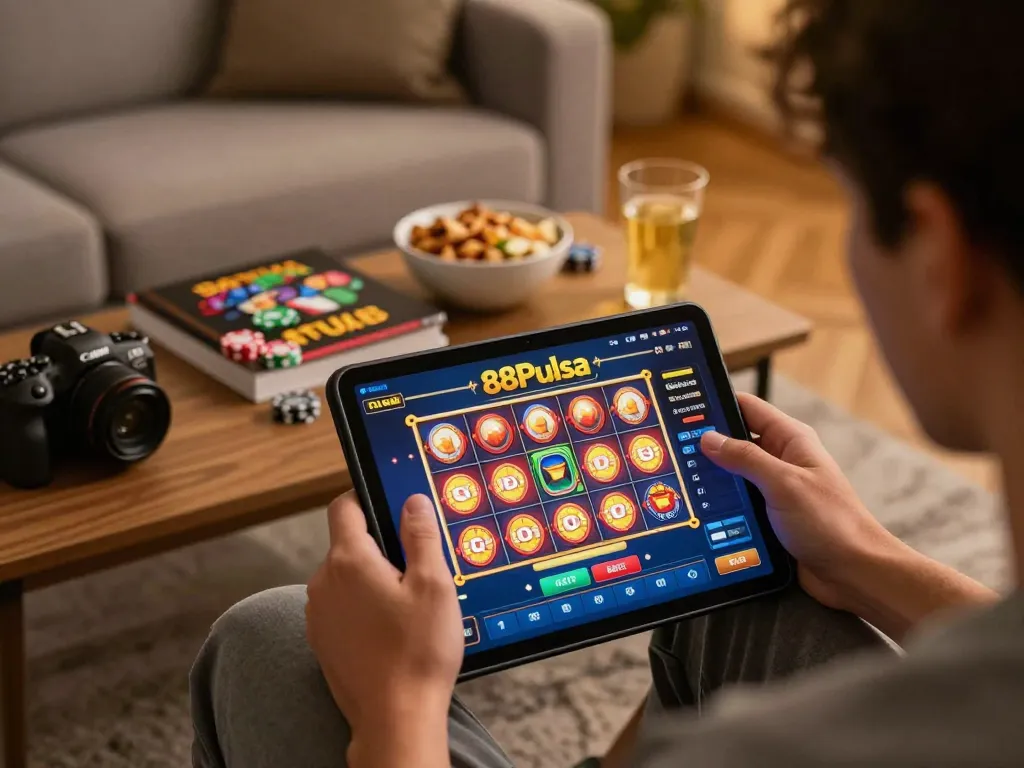 Pemain berinteraksi dengan slot online 88Pulsa di tablet, menyoroti aksi permainan yang hidup dan kegembiraan taruhan.