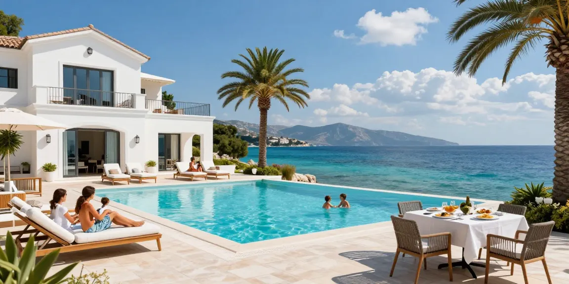 Villa Albania with infinity pool overlooking the beach and family relaxing.