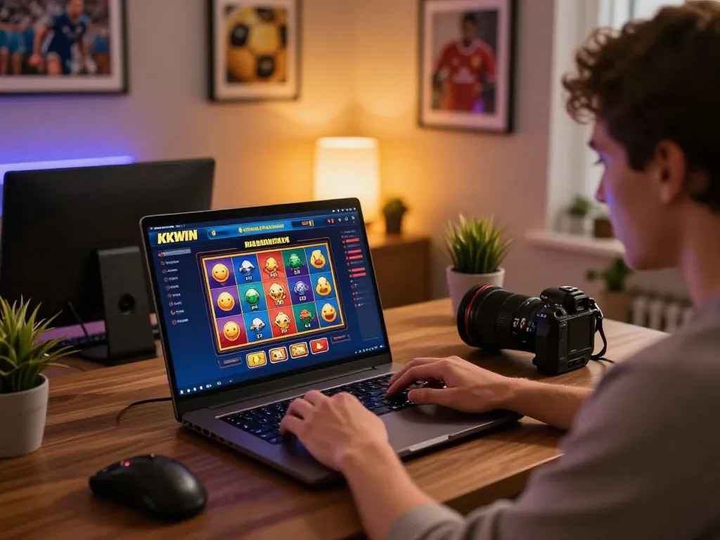 Player enjoying the KKWIN online casino experience on a laptop, showcasing vibrant slot games