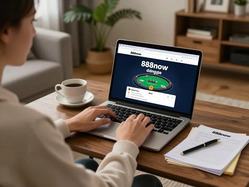 Engaged user exploring 888now đăng nhập options on laptop in a cozy home setting.