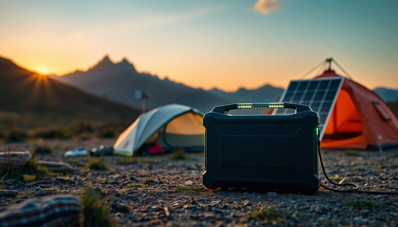 EcoFlow portable power station featured in a serene outdoor camping setting with mountains.