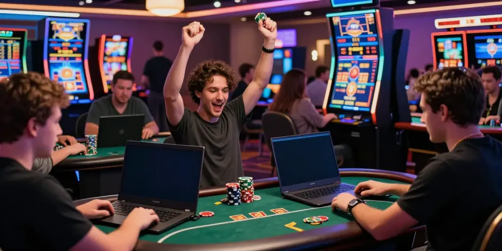 Engaged players at ORION88 online casino celebrating a jackpot win in a dynamic digital environment