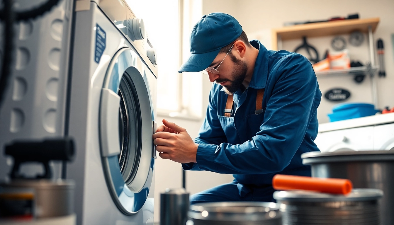 Technician fix washing machine with focused attention in a bright laundry room.