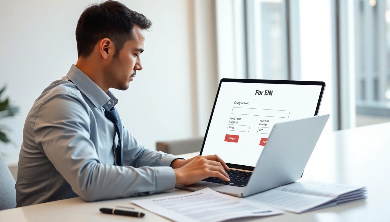 Get an EIN online through a professional setting with a focused businessman at his laptop.