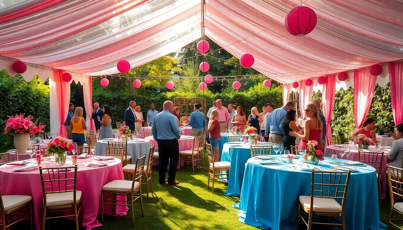 Engaging outdoor scene showcasing Party Rentals setup with colorful decorations and happy guests.