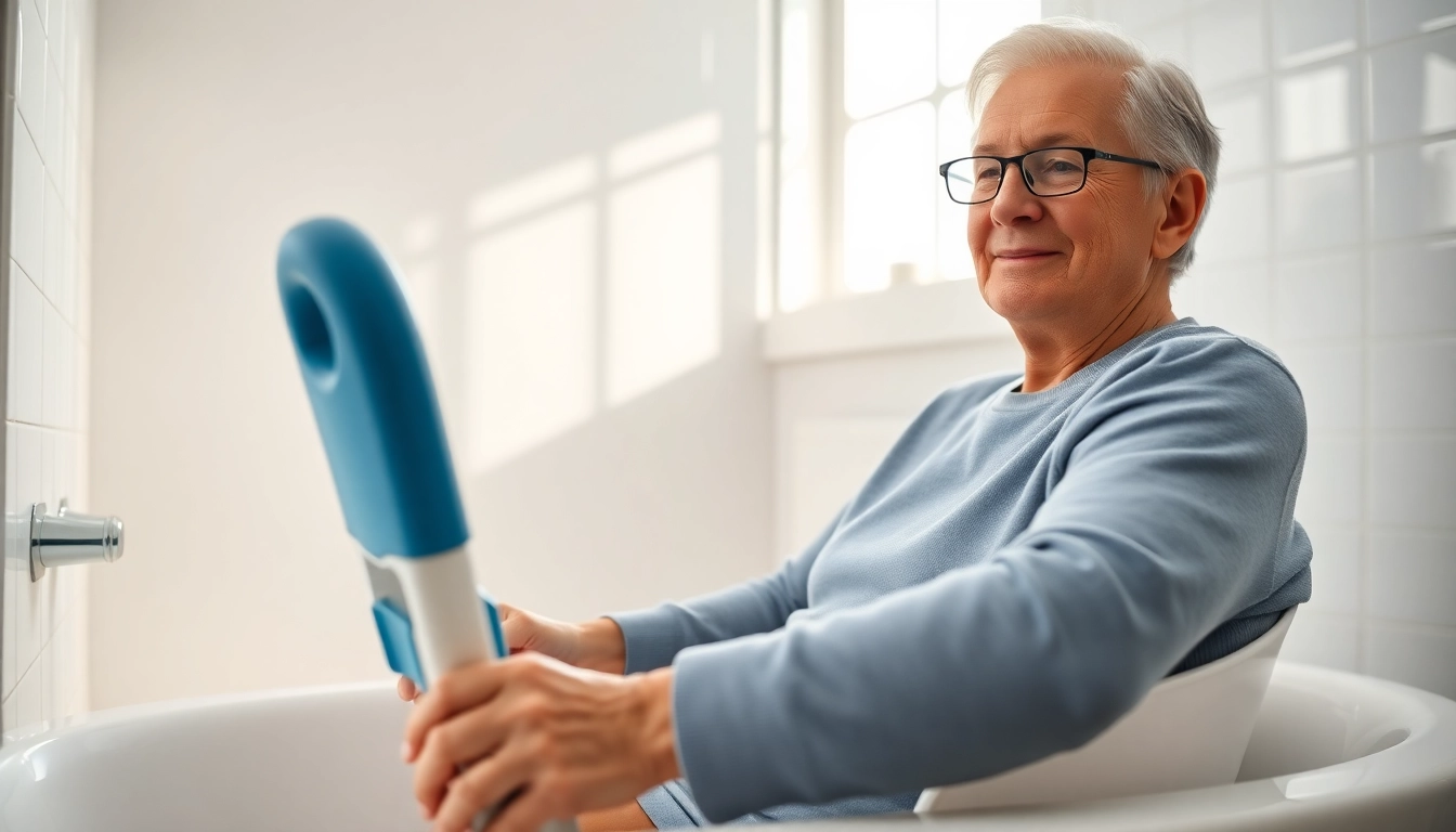 Ergonomische badehilfe für senioren in einem sicheren Badezimmer-Setup.
