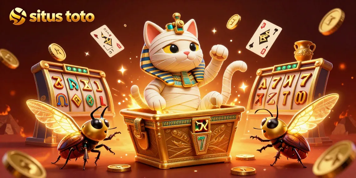 Experience thrilling wins on situs toto with a vibrant Egyptian mummy cat and golden gaming elements.