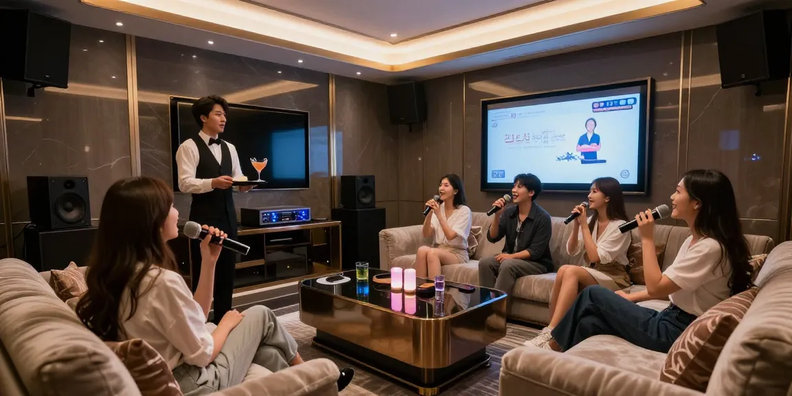 강남쩜오의 고급스럽고 프라이빗한 노래방에서 손님들이 음악을 즐기는 모습