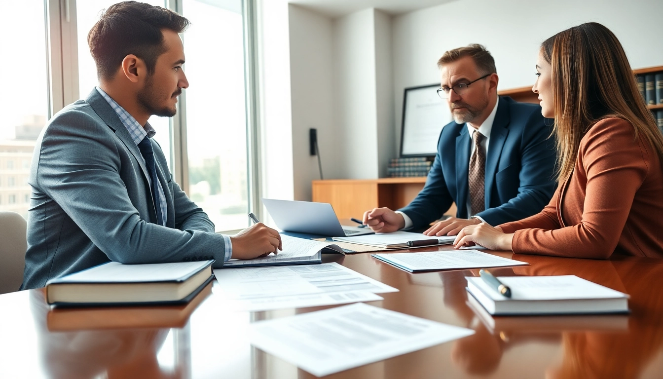 Consulting meeting at https://www.inmotionlaw.com with professional attorney and clients in bright office.