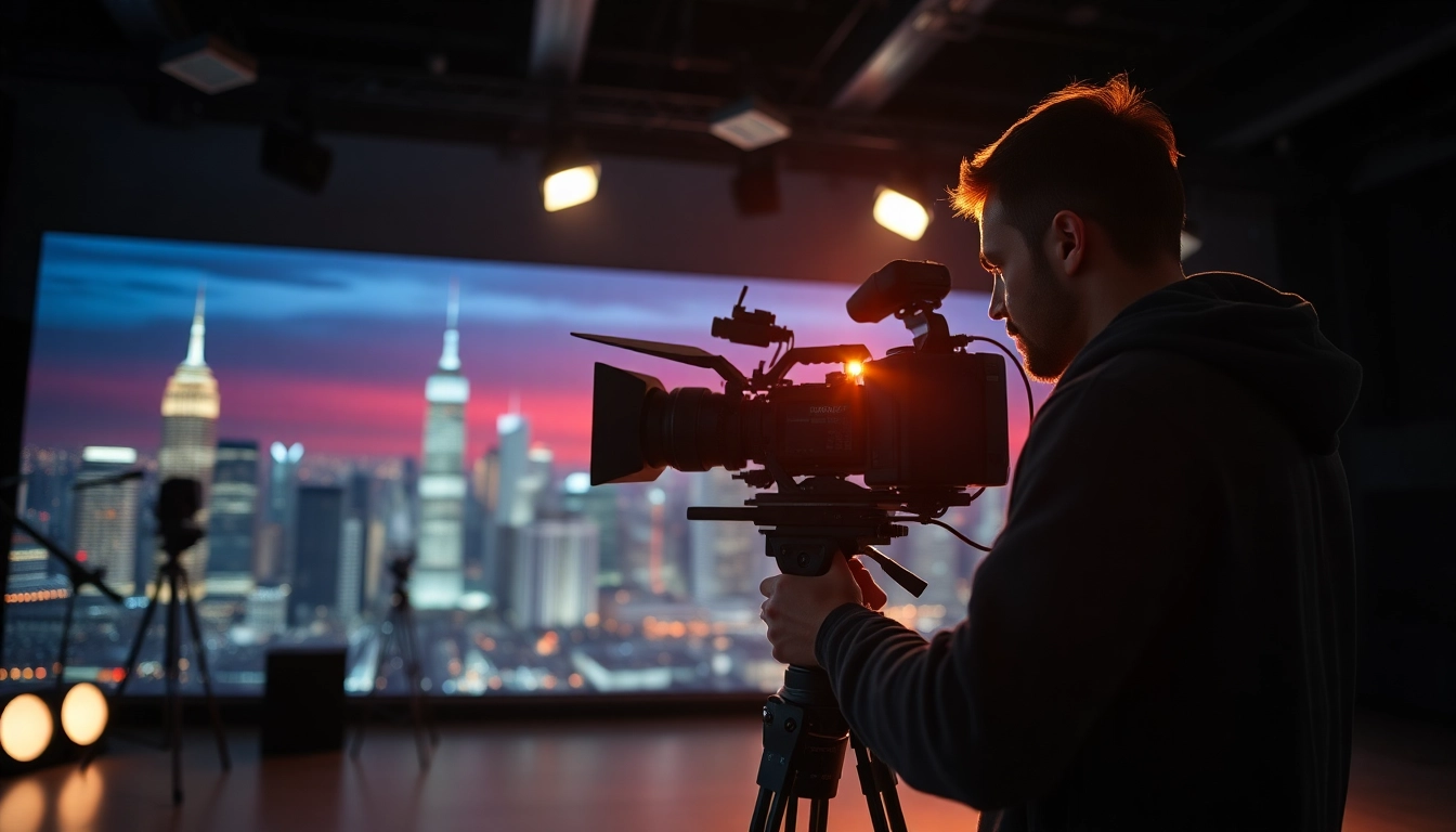 Cinematic video production scene with a videographer in a modern studio showcasing advanced equipment.