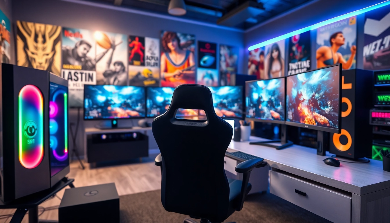 Menghasilkan pengalaman gaming naga303 dengan setup komputer canggih dan pencahayaan RGB.