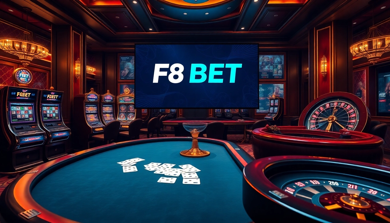 Excitement at F8 BET casino with vibrant slot machines and poker tables.