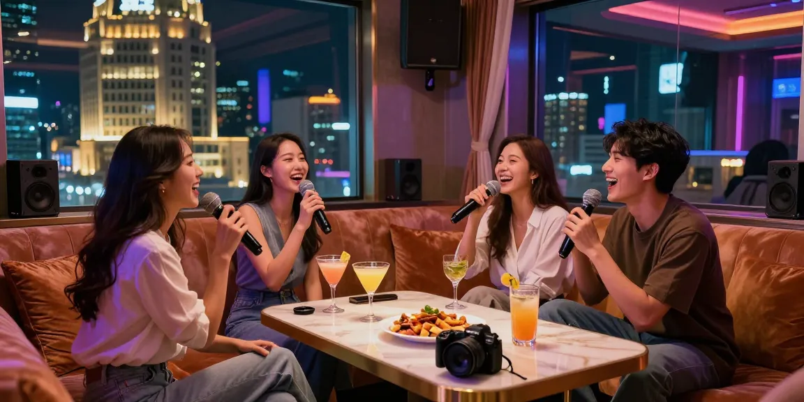 강남 가라오케에서 친구들과 즐거운 시간을 보내는 모습, 고급스러운 분위기와 음료가 돋보입니다.