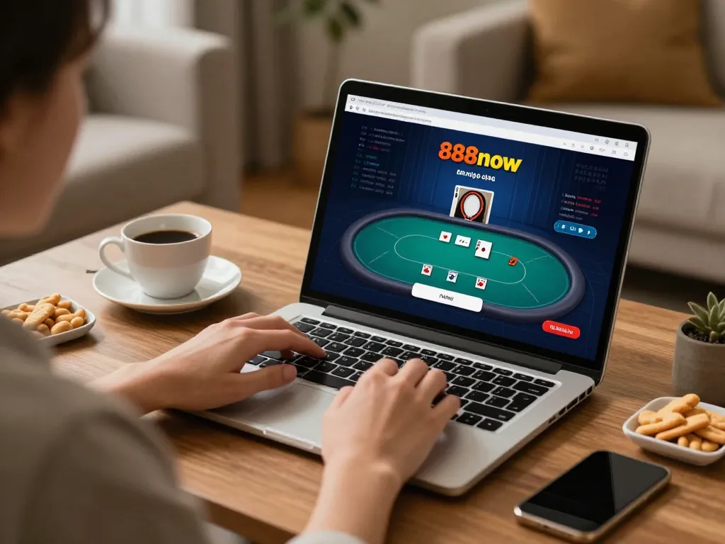 Engaging in 888now đăng nhập on a laptop with a poker game interface in a cozy home setting