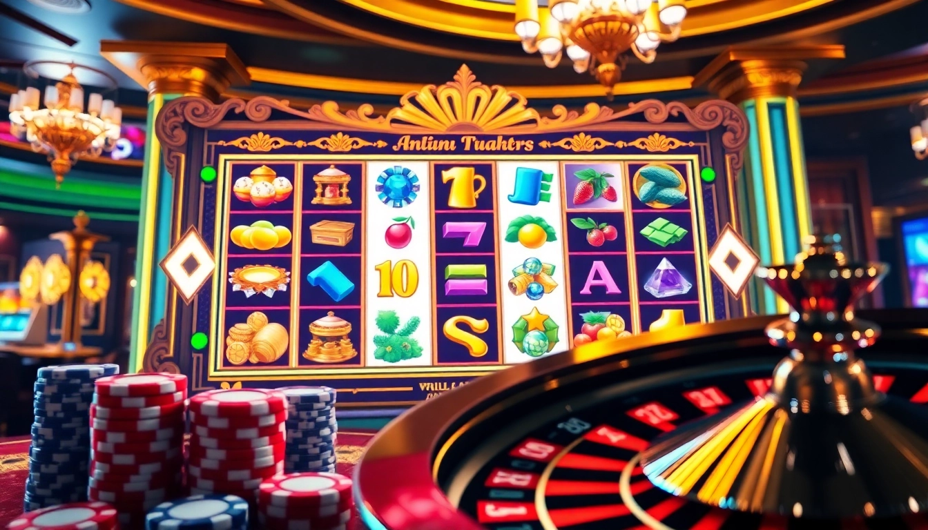 An engaging online slots interface amidst a luxurious casino backdrop, capturing the thrill of gambling.