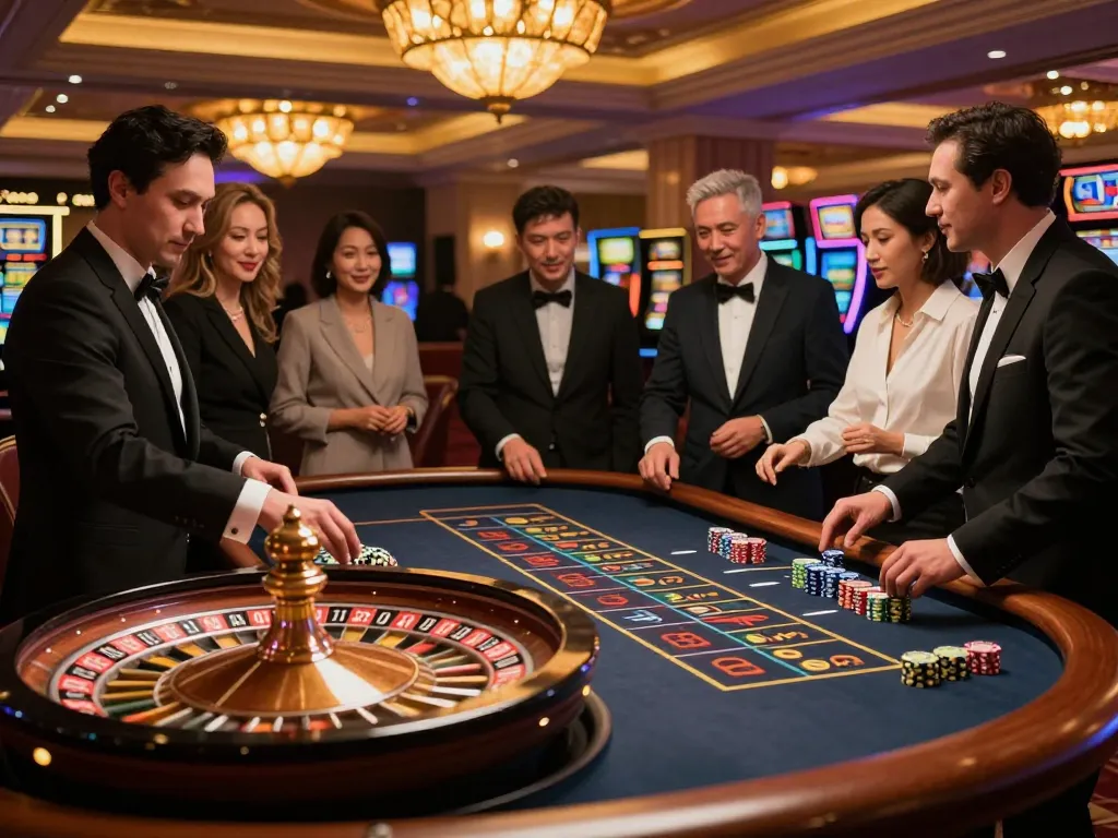 BUKA77's live roulette table action with engaged players gathering around for an exciting game.
