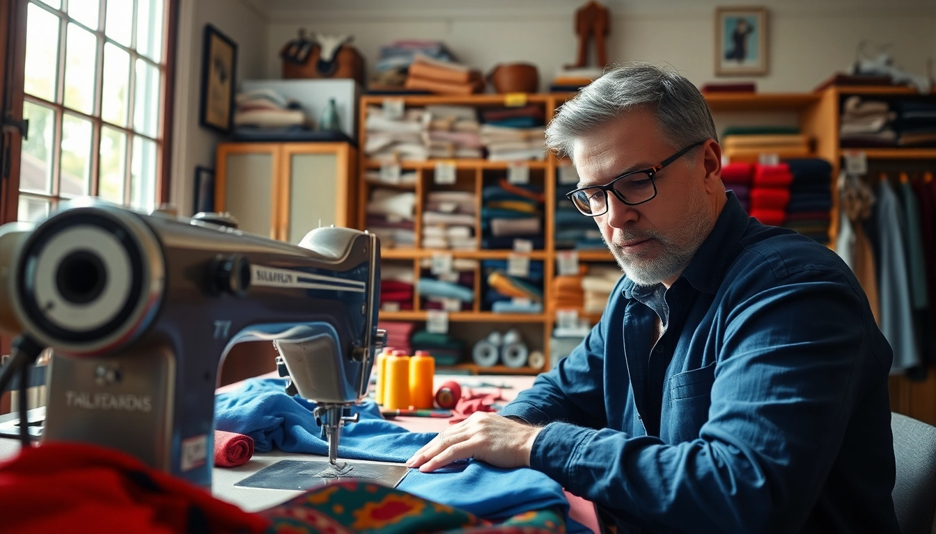 Quality clothing alterations near me Nashville showcased by a skilled tailor at work in a vibrant sewing workshop.